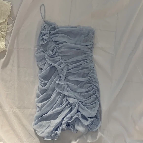 Blue Blush Powder Blue Frilly Ruffle Asymmetric Chiffon Bodycon Mini Dress L - Picture 4 of 6